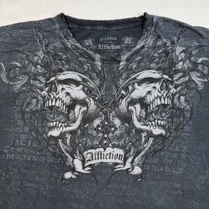 Affliction Mens 3XL Skulls Cross Graphic Vintage T-Shirt Grey Distressed USA